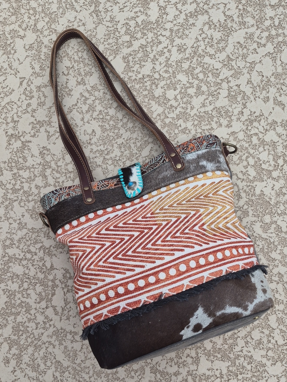 Myra Bag Fading Vermillion Canvas Cowhide Leather Chevron Tote Bag